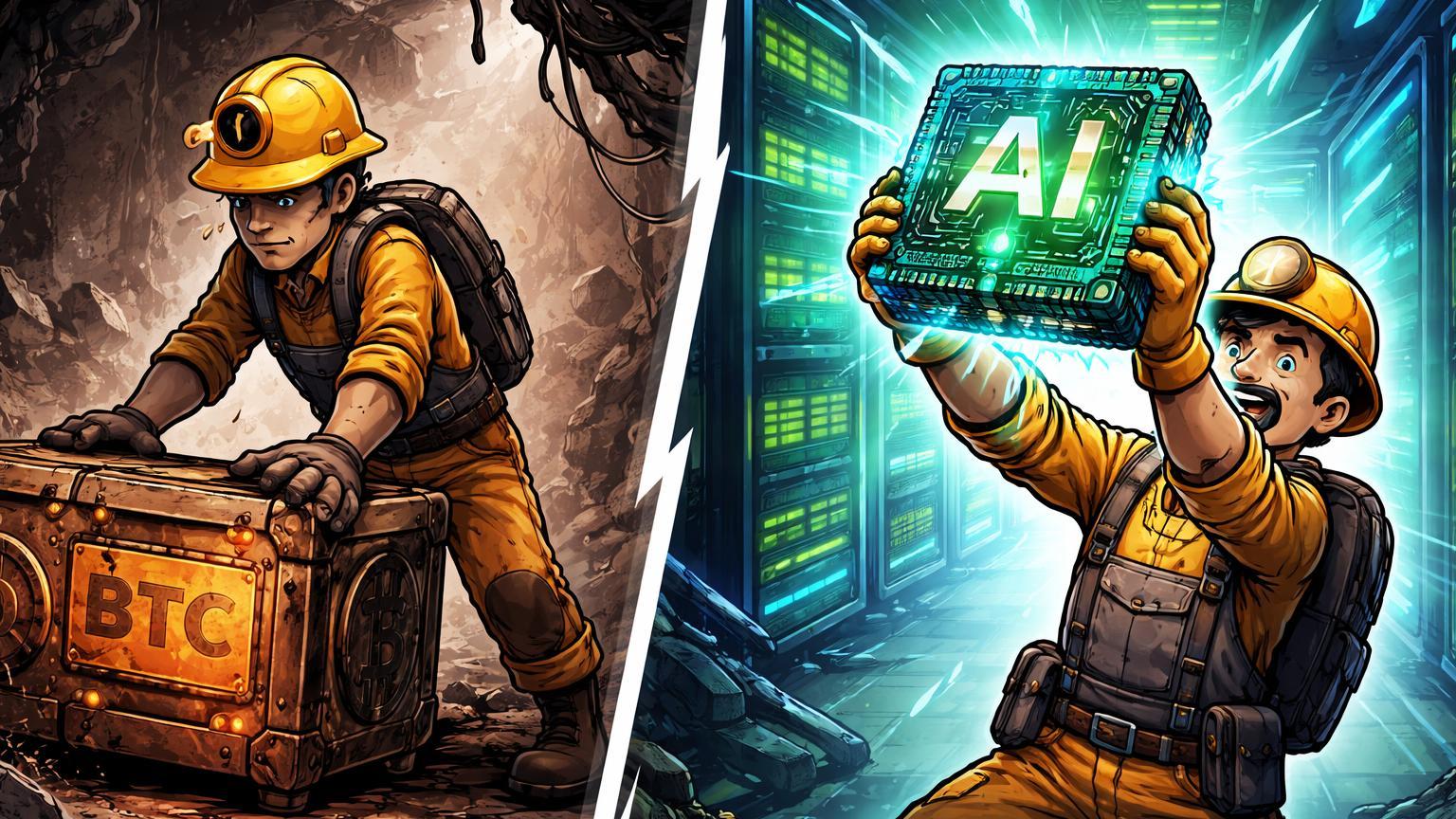 Mineradores cartoon trocando rigs de Bitcoin por chips de IA, simbolizando venda de BTC para financiar corrida pela inteligência artificial
