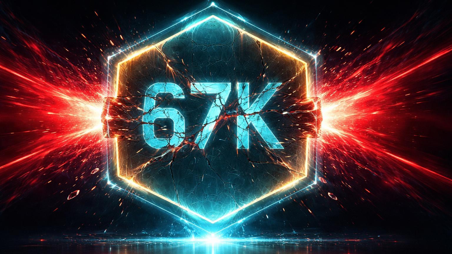 Barreira digital cyan com '67K' rachando sob pressão vermelha, simbolizando alerta de liquidação de US$ 1,1 bi em posições BTC