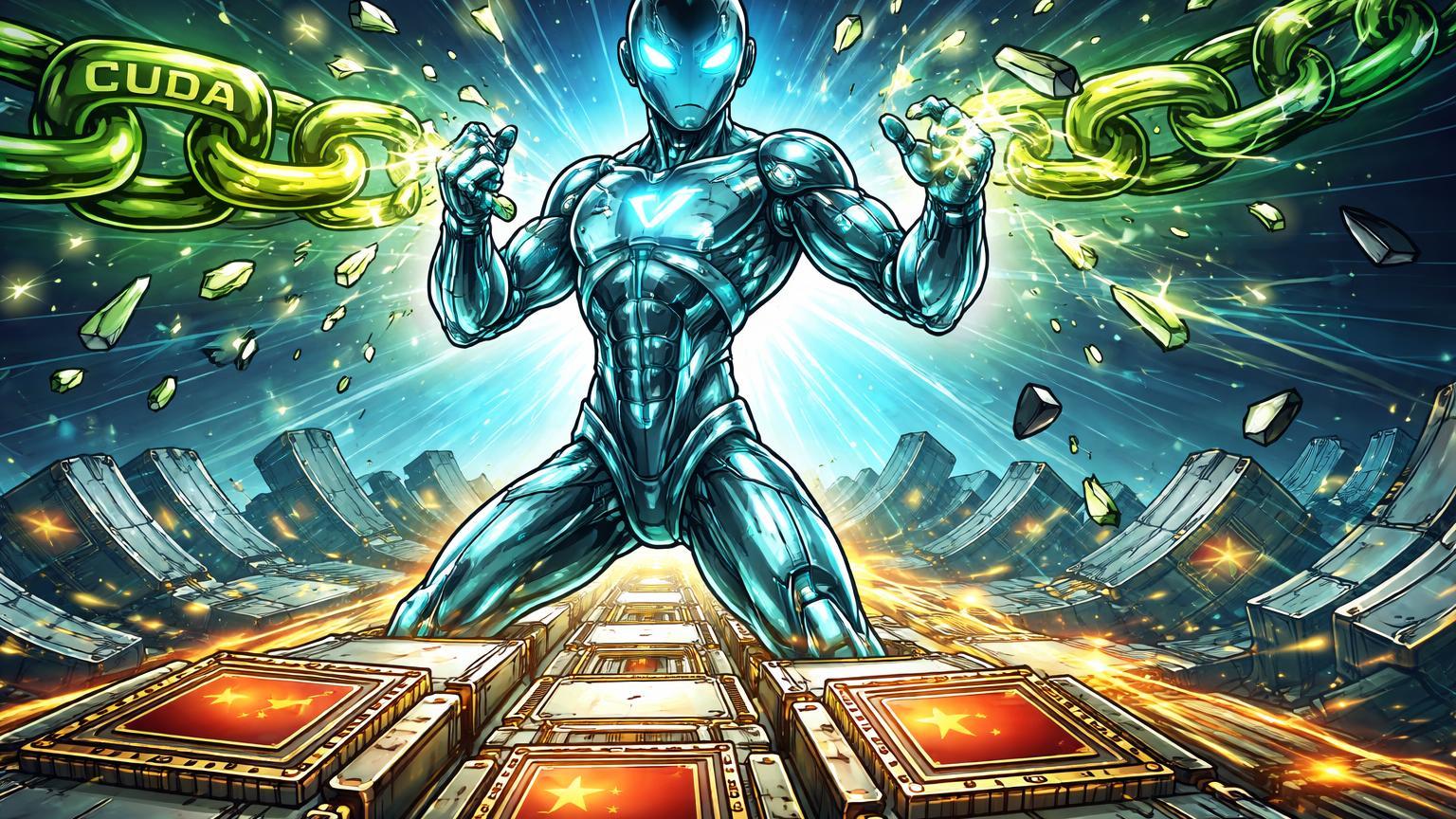 Engrenagens de chips de silício chineses rompendo correntes de luz verde da Nvidia, simbolizando a nova independência tecnológica da DeepSeek.