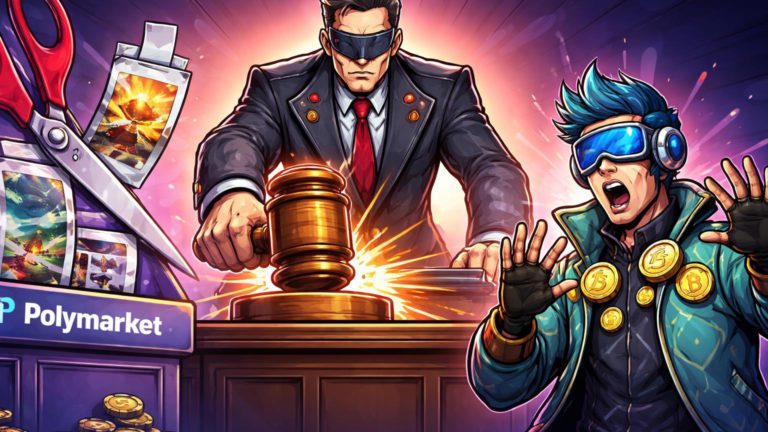 Juiz cartoon silenciando KOL cripto em tribunal digital, com tesoura cortando apostas nucleares de Polymarket, ilustrando regras em X