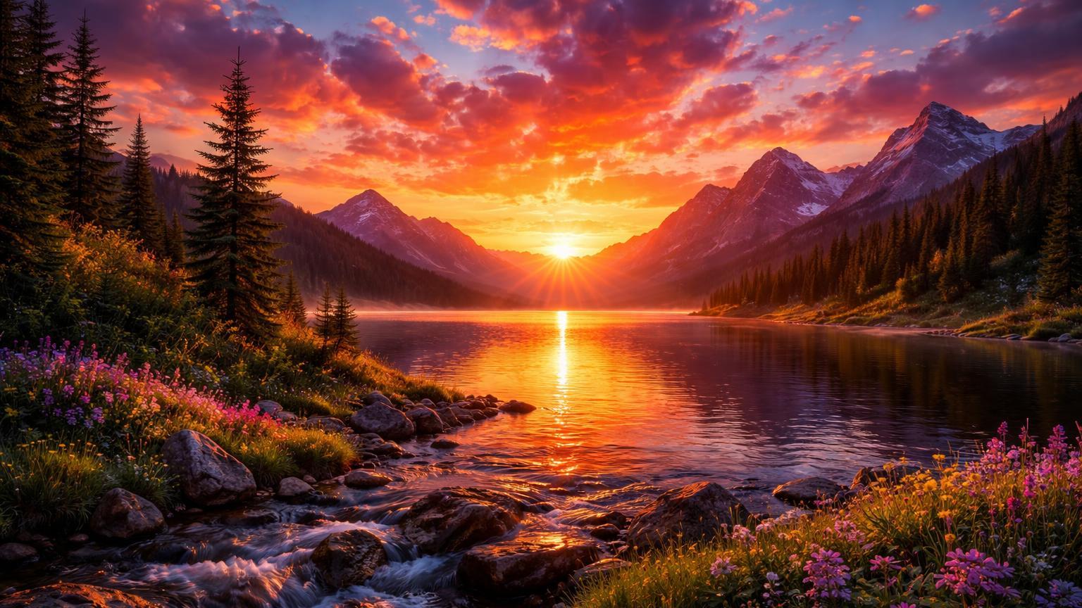A photograph of a breathtaking sunset over mountains and a lake.