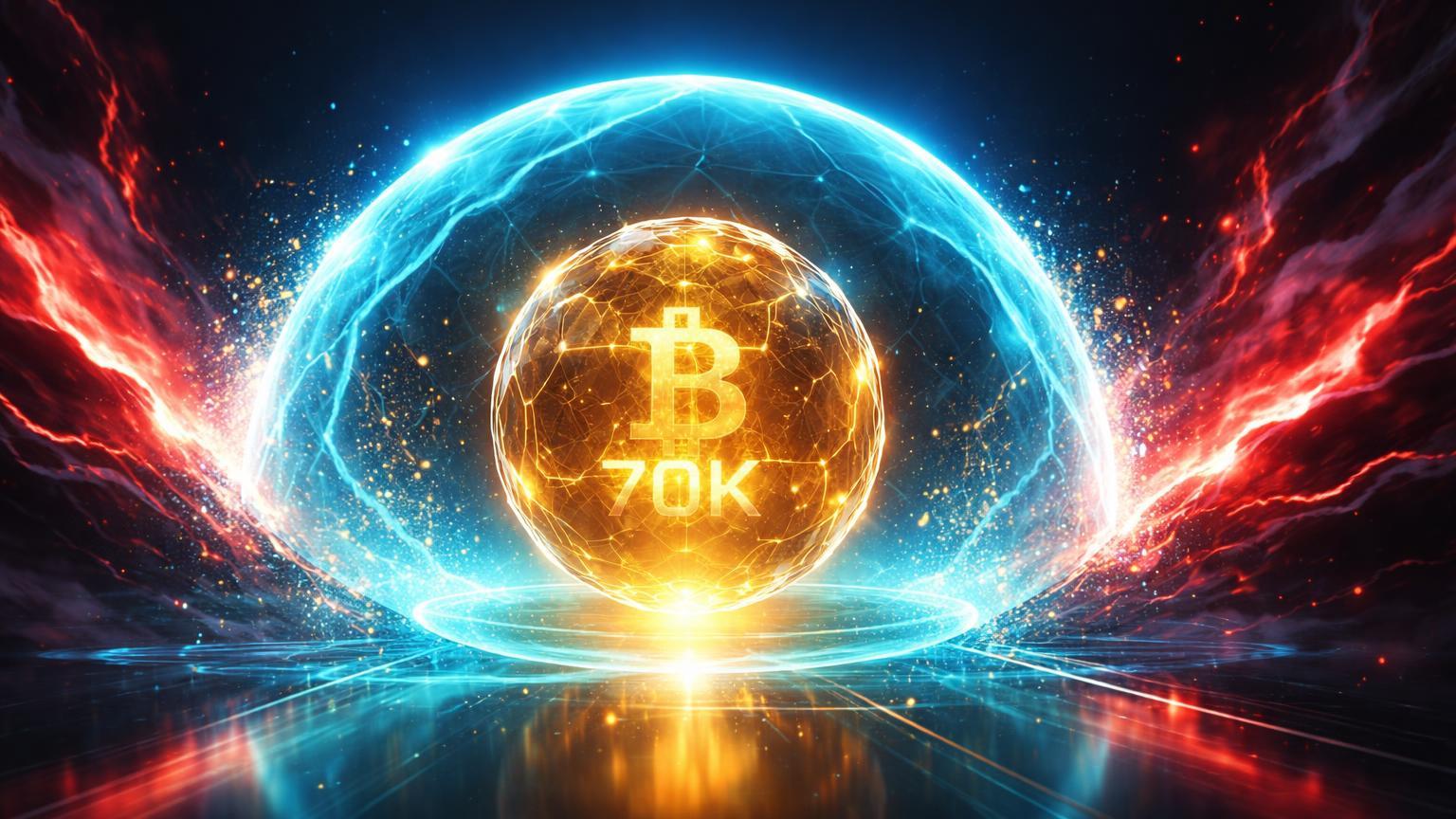 Núcleo dourado de Bitcoin com 70K protegido por cúpula cyan de ETFs absorvendo ondas vermelhas de pressão, simbolizando suporte institucional