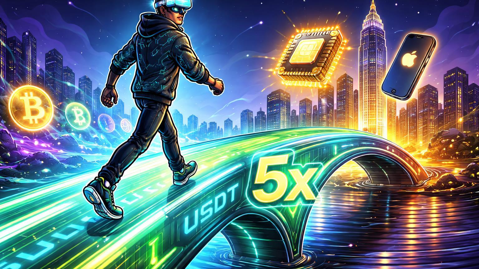 Trader cartoon atravessando ponte USDT para skyline de ações com chip e dispositivo tech flutuando, simbolizando lançamento de futuros da OKX