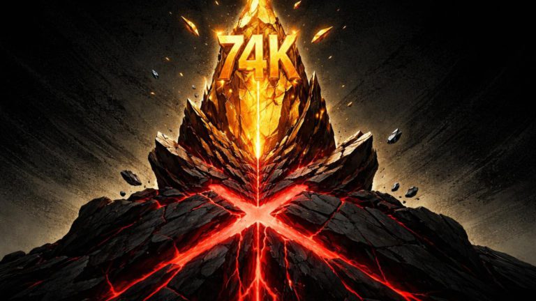 Pico cristalino dourado com '74K' no topo rachado por cruz vermelha na base, ilustrando bull trap e death cross ameaçando Bitcoin