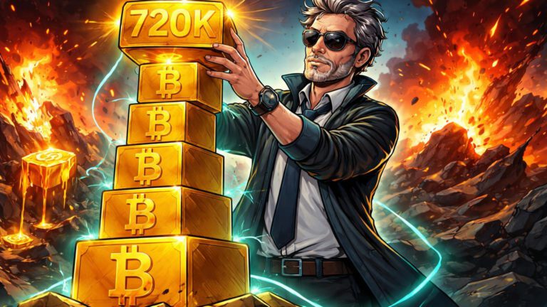 Investidor cartoon empilhando monólitos Bitcoin com '720K' enquanto ouro derrete em explosões de guerra, simbolizando resiliência superior do BTC
