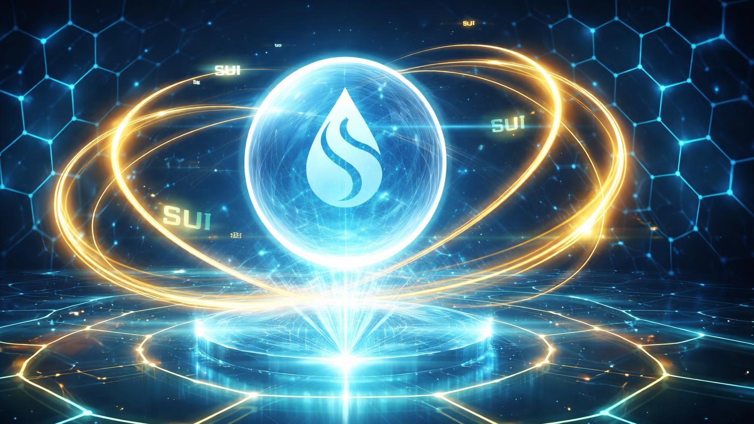 Orbe glassmorphism de stablecoin emitindo loops dourados de yield para rede hexagonal cyan da Sui, simbolizando lançamento do USDsui nativo