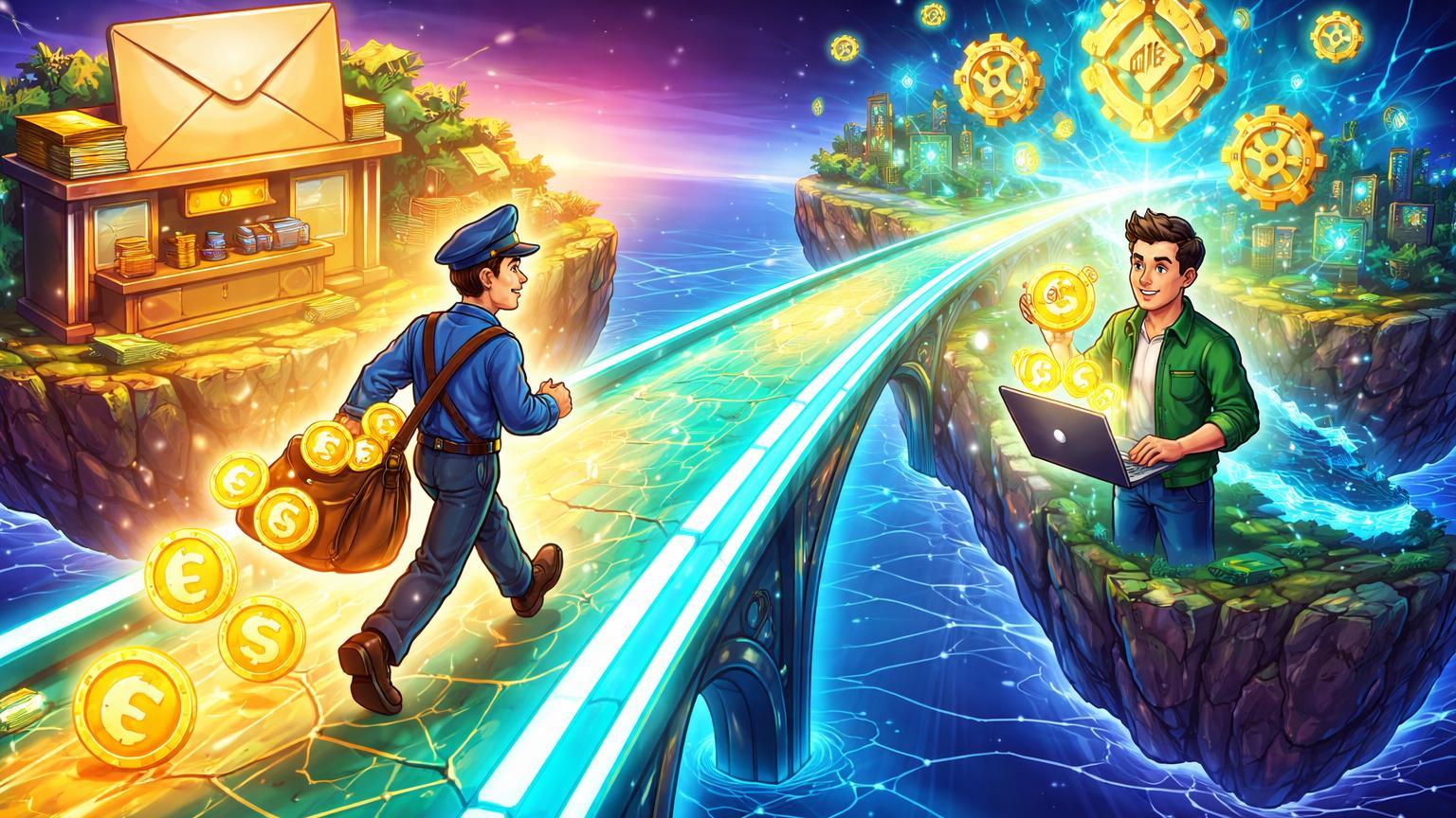 Carteiro cartoon cruzando ponte cyan-dourada de mundo tradicional para rede Solana/BNB, simbolizando remessas com stablecoins e ETP sem taxas