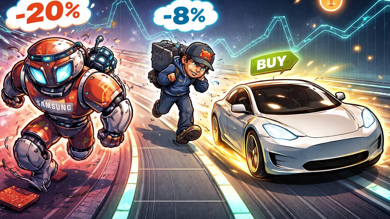 Personagens cartoon Samsung e GitLab exaustos tropeçando em pista tech com -20% e -8%, Tesla acelerando, ilustrando fadiga no setor e ligação com Bitcoin Nasdaq