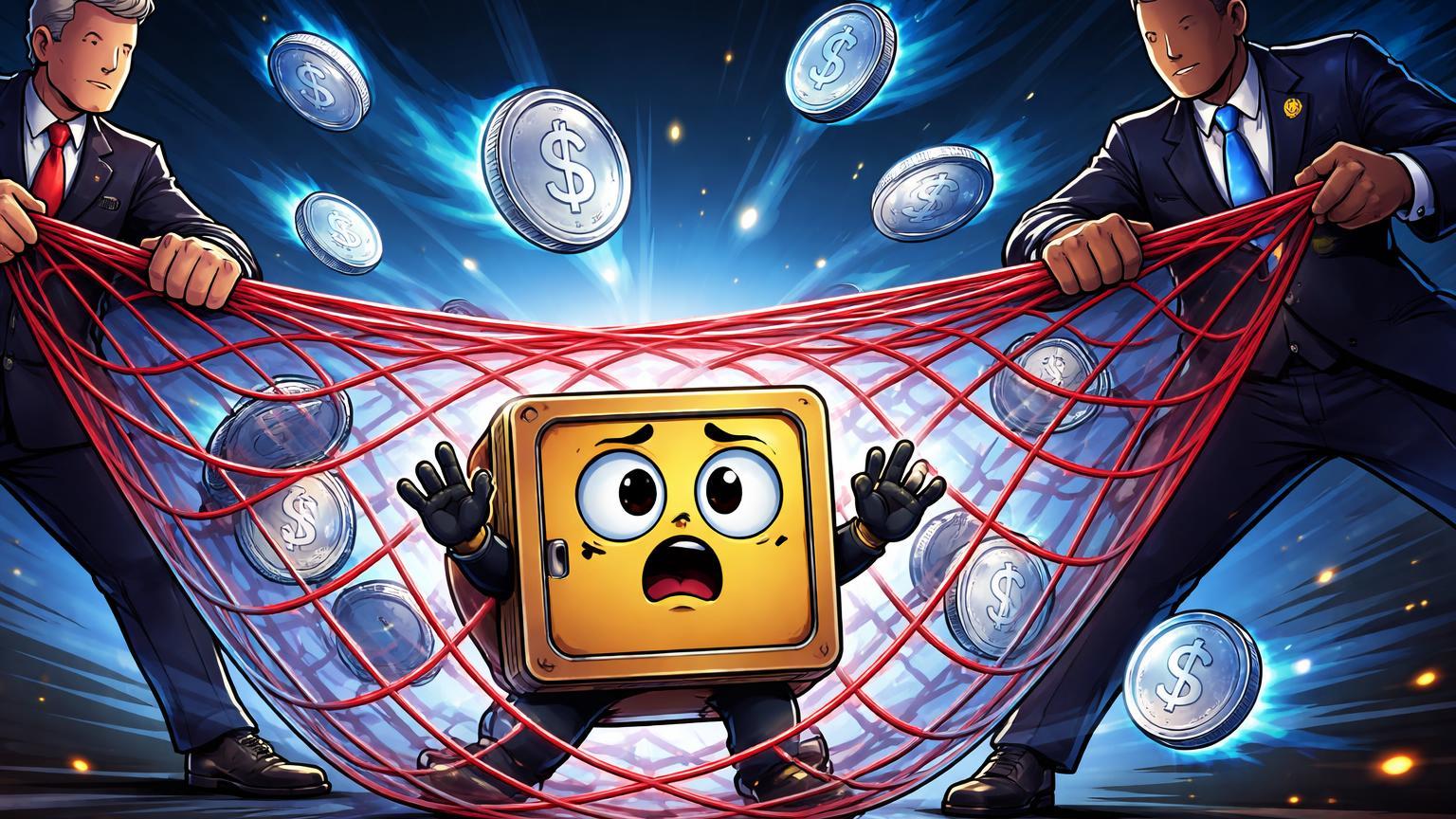 Reguladores cartoon puxando rede sobre stablecoins e wallet auto-custódia, simbolizando reforço da Travel Rule contra P2P cripto