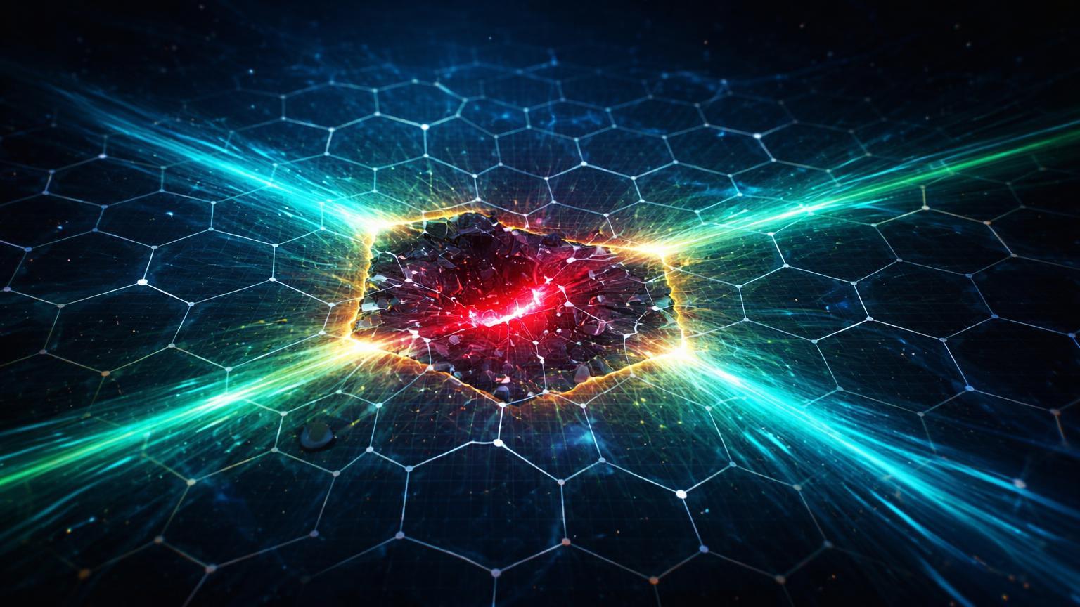 Rede hexagonal digital com brecha vermelha sendo selada por fluxos cyan IA, simbolizando reforco de seguranca em Ripple e Stellar apos exploits