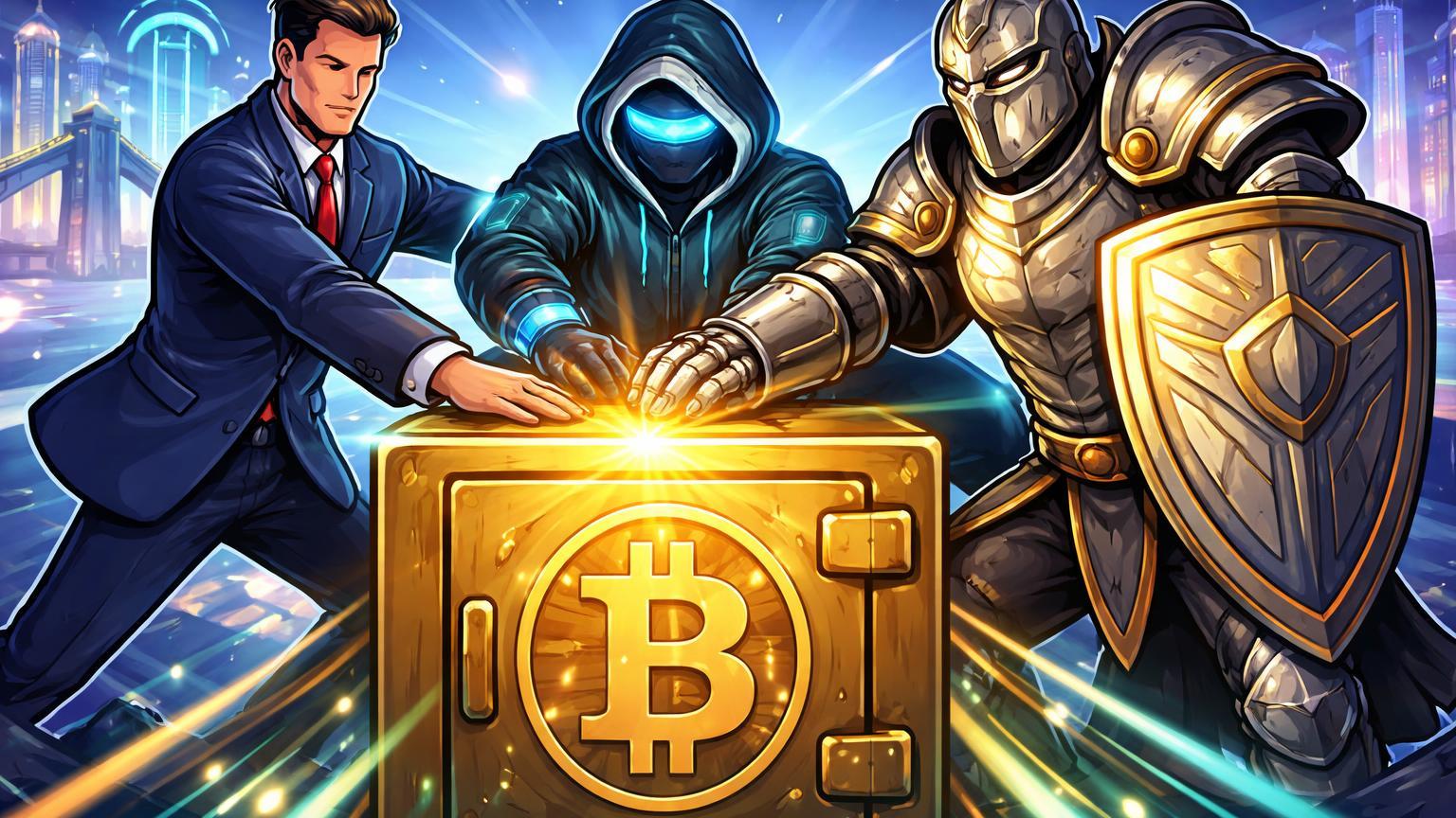 Personagens cartoon de executivo bancário, figura tech e guardião unindo mãos sobre cofre BTC dourado, simbolizando custódia híbrida para ETF de Bitcoin