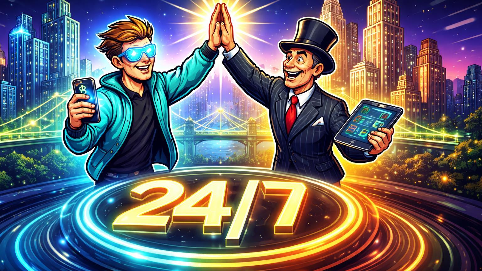 Personagens cartoon de trader cripto e broker tradicional high-fiving em praça digital 24/7, simbolizando integração de ações EUA na app Coinbase