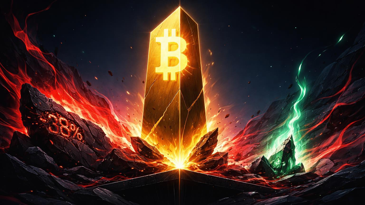 Monolito dourado BTC resistindo ondas vermelhas engolfando fragmentos altcoins com '38%' rachado, faísca verde Mantra ascendendo em crise de mercado