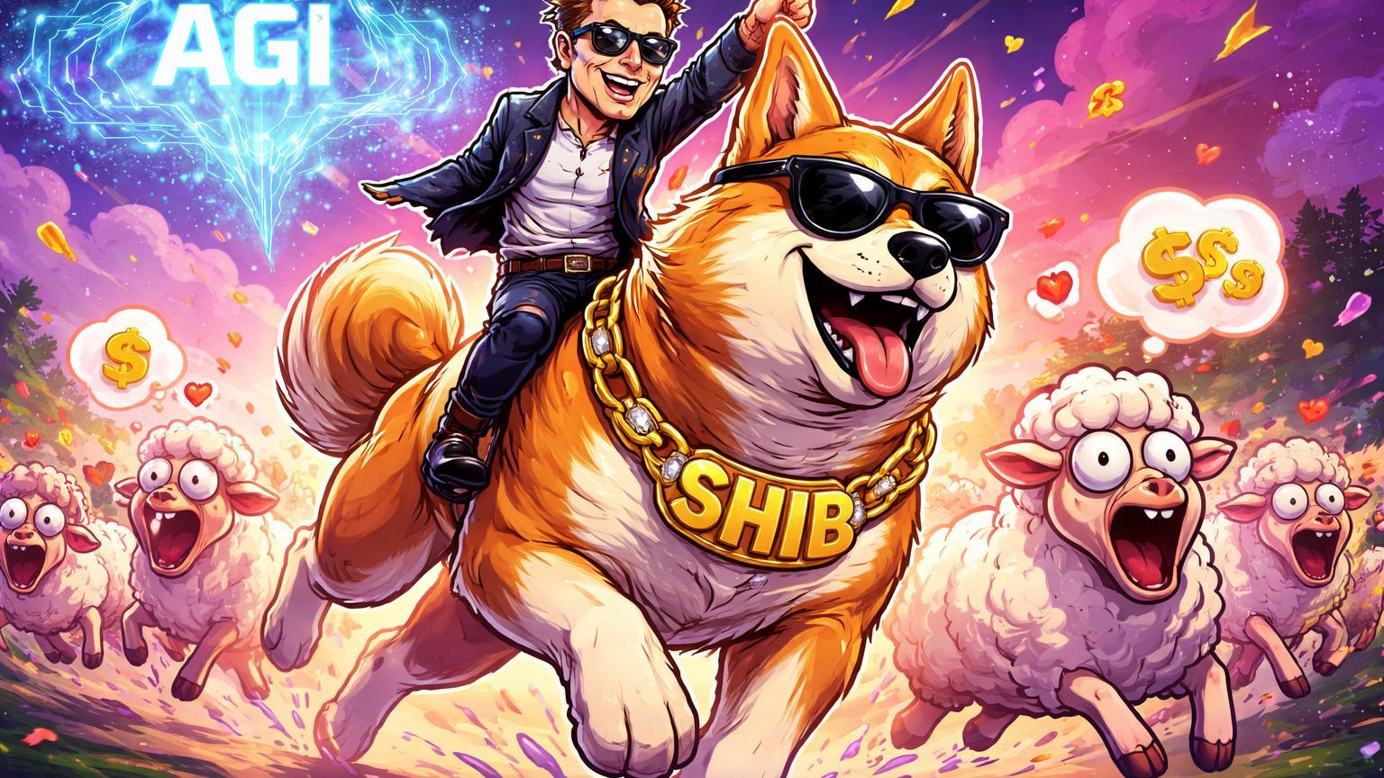 Elon Musk cartoon montado em Shiba Inu gigante liderando rebanho de ovelhas investidores eufóricas, satirizando hype de memecoins e tokens IA