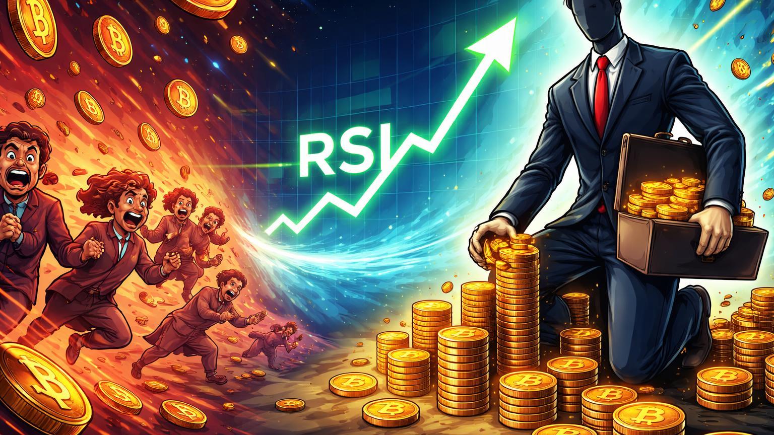Investidores retail cartoon em pânico vendendo enquanto baleia institucional acumula Bitcoin na baixa, com RSI histórico no centro, destacando divergência de mercado
