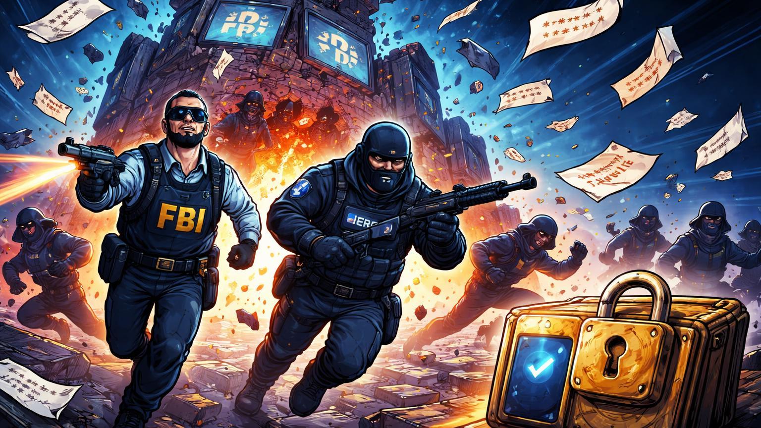 Agentes cartoon derrubando fortaleza hacker com senhas vazando, carteira cripto protegida, ilustrando operação FBI-Europol contra phishing