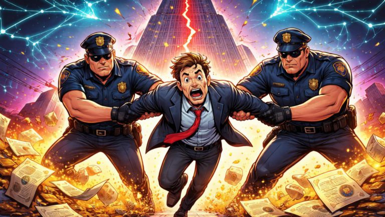 Executivo cartoon algemado por policiais estilizados em meio a títulos falsos desmanchando, ilustrando prisão por fraude bilionária e falhas em governança financeira-cripto
