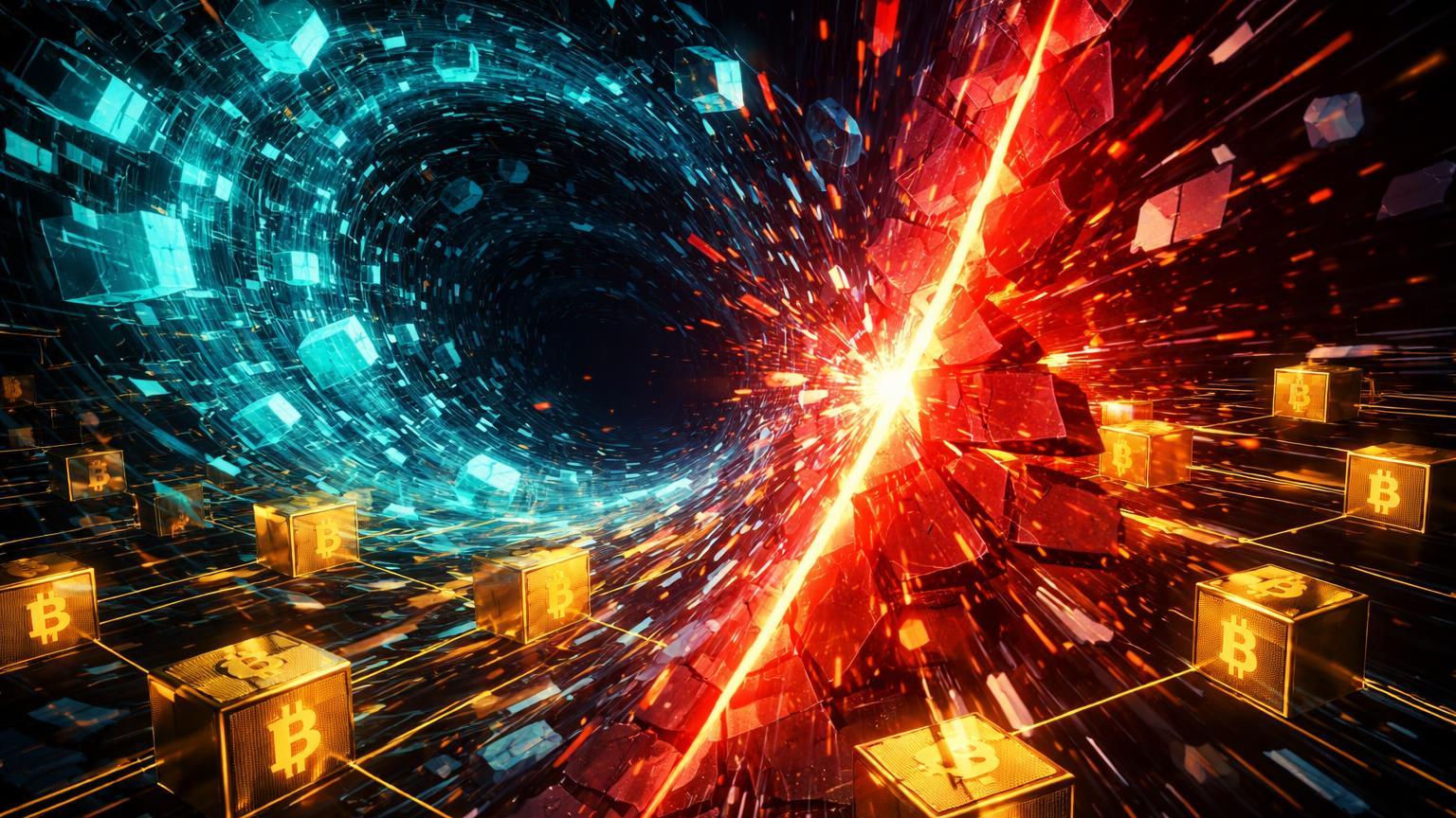 Vórtice de entidades IA cyan sobrecarregando rede Bitcoin dourada com barreira ética vermelha emergente, ilustrando caos e ética no Web3