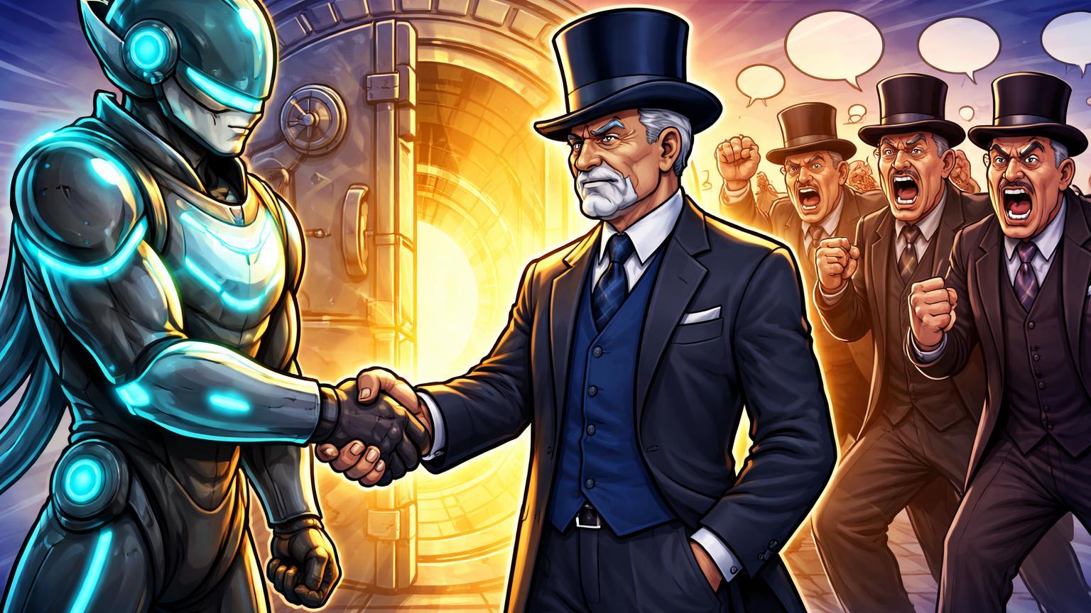 Personagens cartoon: representante Kraken tech apertando mão de oficial Fed diante de cofre aberto, banqueiros tradicionais protestando ao fundo, marco histórico de aprovação