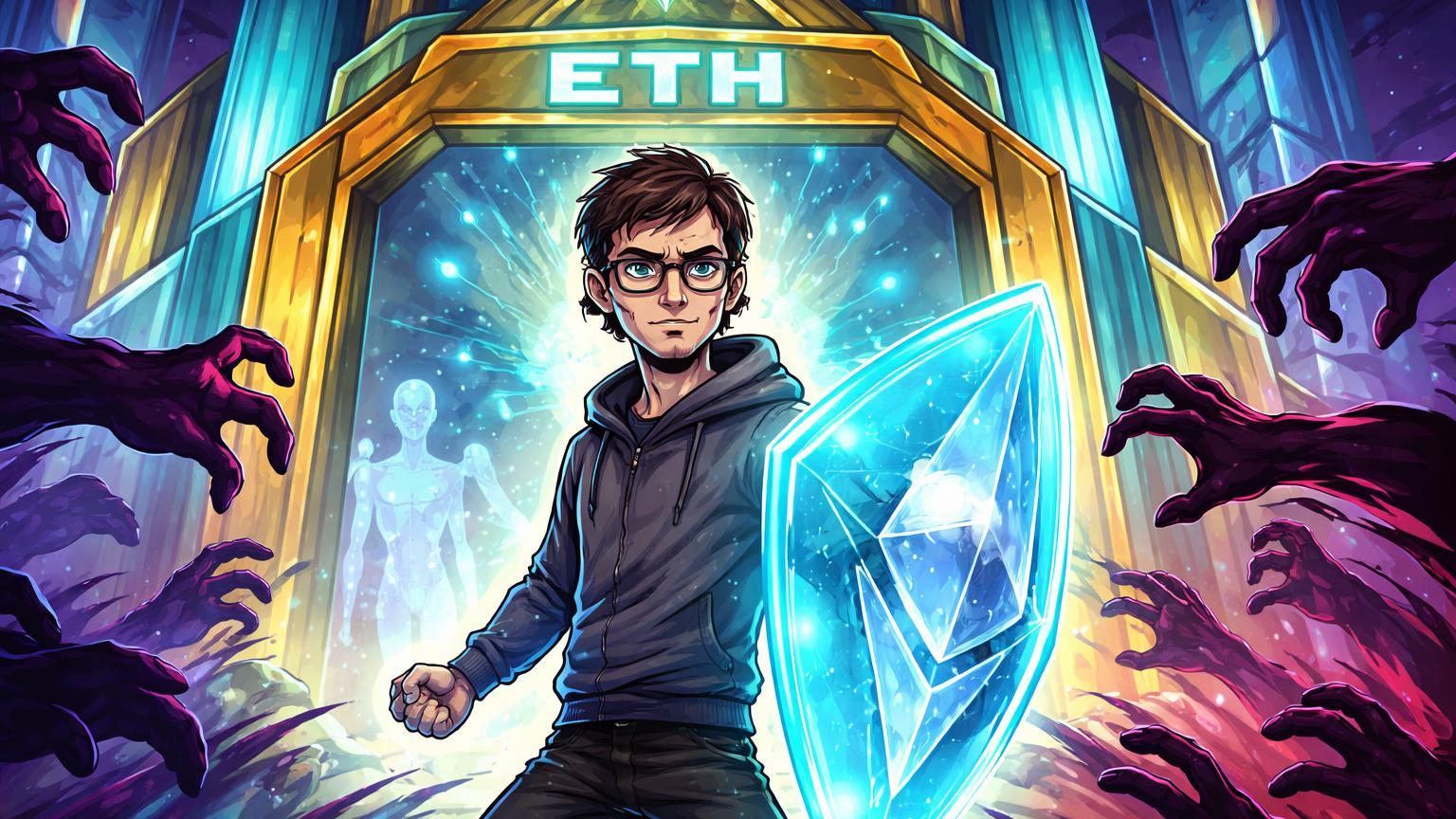 Vitalik cartoon como guardião de santuário Ethereum protegendo redes de IA e identidade contra sombras da censura Web3