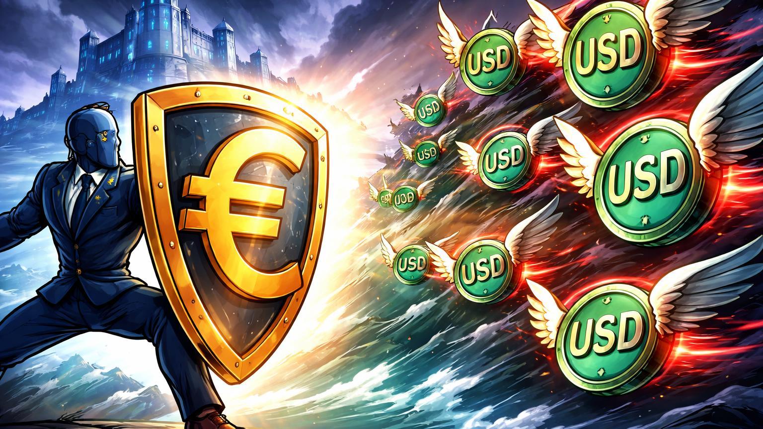 Guardião BCE cartoon defendendo escudo euro contra onda de stablecoins USD, simbolizando alertas sobre soberania monetária na Europa