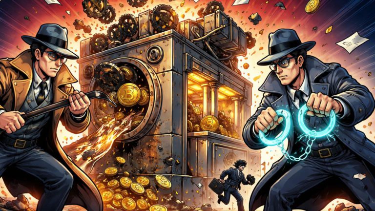 Policiais cartoon desmontando máquina de lavagem de criptomoedas sujas para limpas, simbolizando operação policial contra fraude em OTCs de Hong Kong