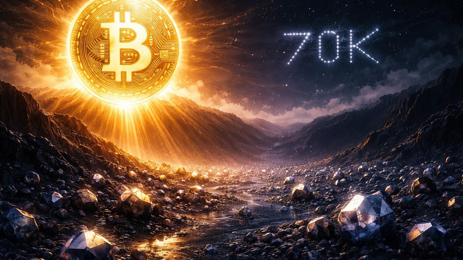 Sol dourado majestoso com símbolo Bitcoin iluminando vale de cristais de altcoins fragmentados e escuros, representando a divergência de mercado.