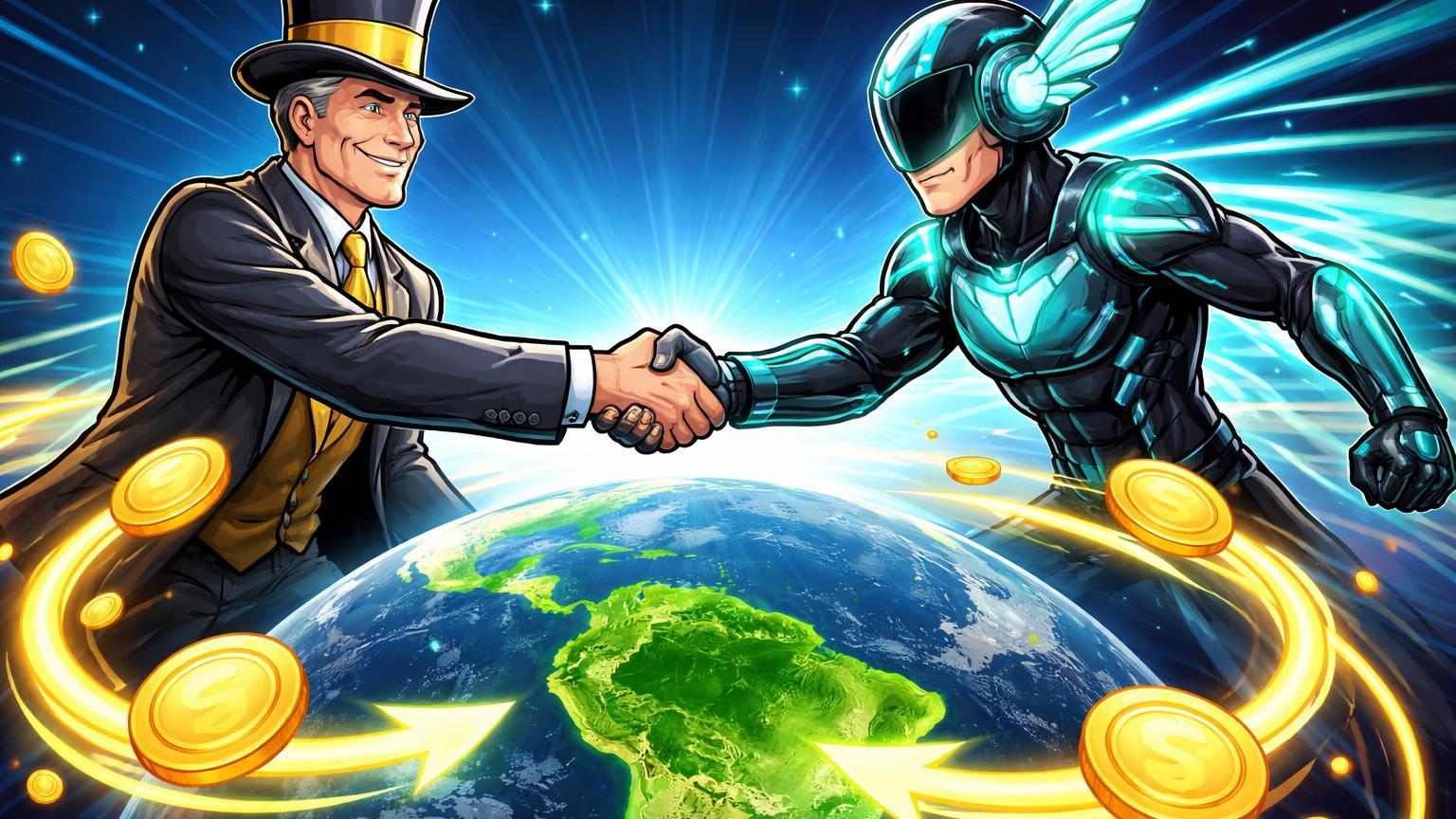 Executivos cartoon de Western Union e Solana apertando mãos sobre globo com remessas rápidas para o Brasil via stablecoin