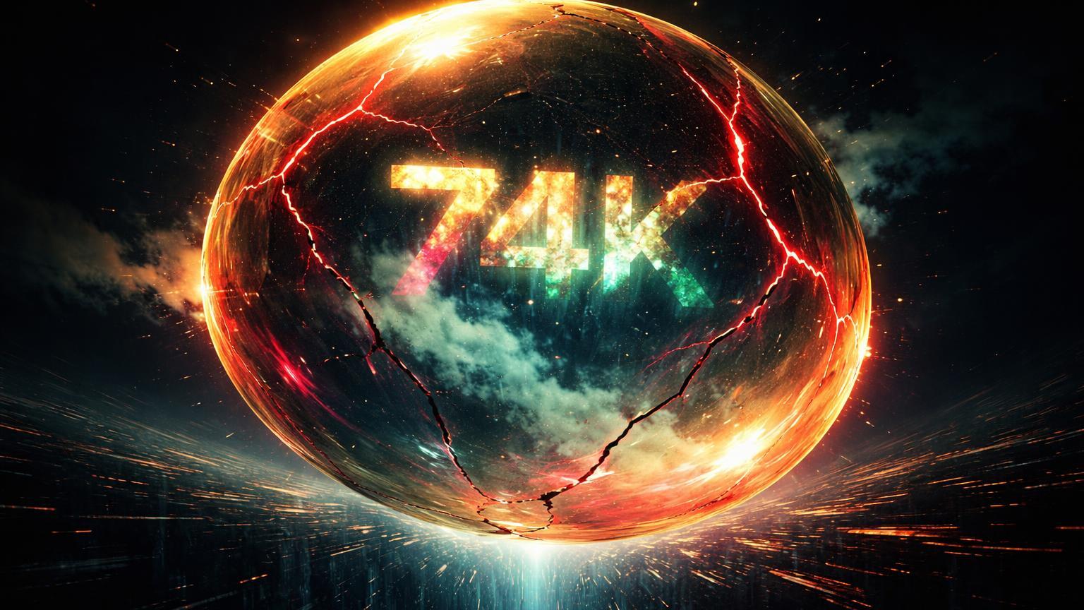 Bolha dourada frágil com rachaduras vermelhas e reflexão de 74K, simbolizando alta falsa do Bitcoin alertada por Hayes e Glassnode