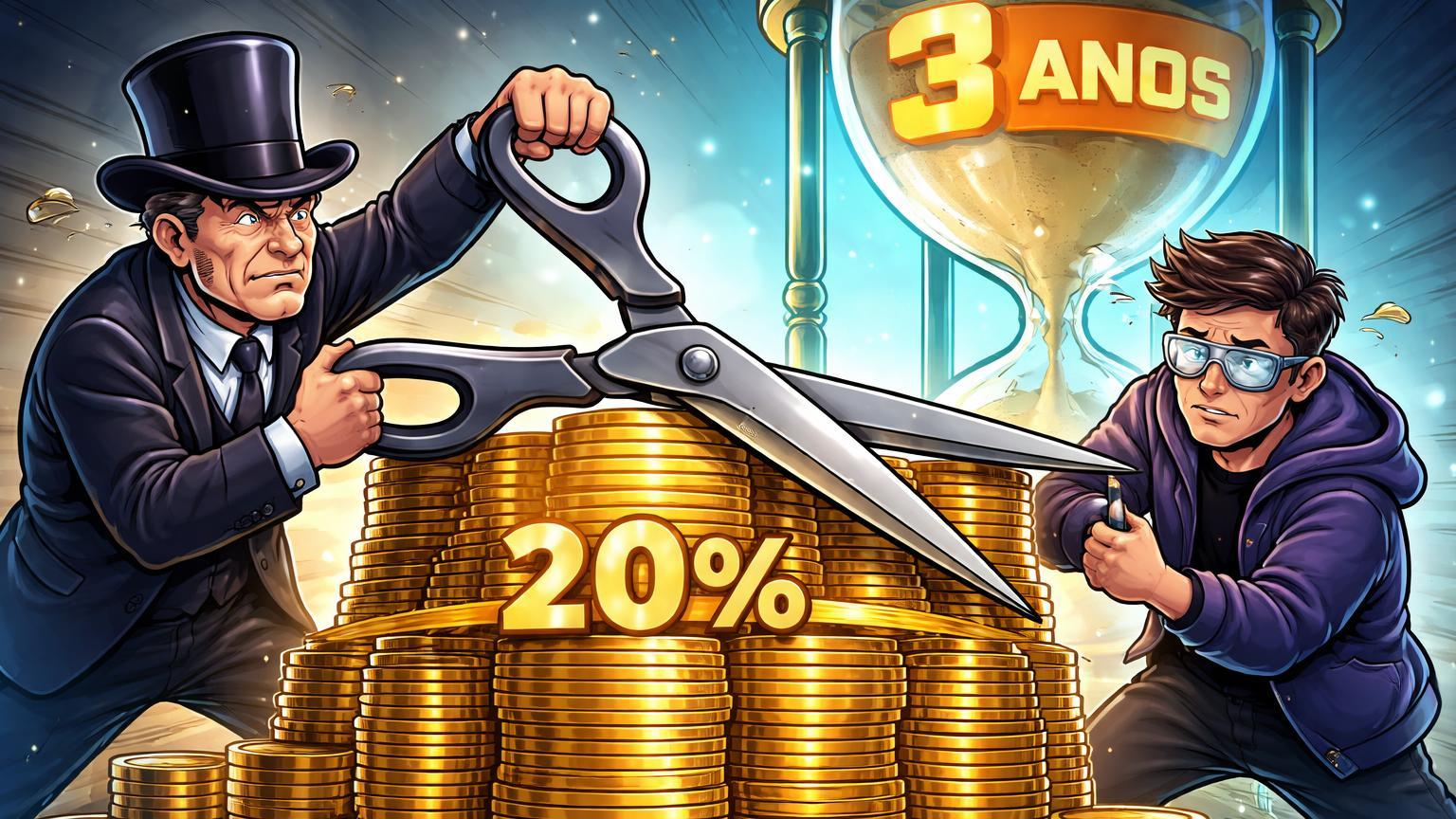 Personagens cartoon cortando pilha de ações a 20% com relógio de 3 anos, simbolizando limite regulatório para donos de exchanges na Coreia do Sul