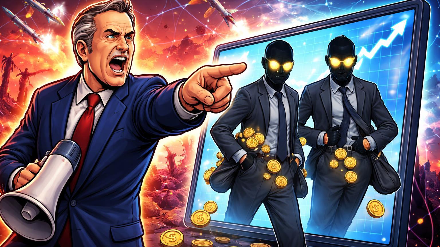 Senador cartoon acusando insiders da Casa Branca lucrando com prediction markets sobre guerra no Irã, destacando riscos no Web3