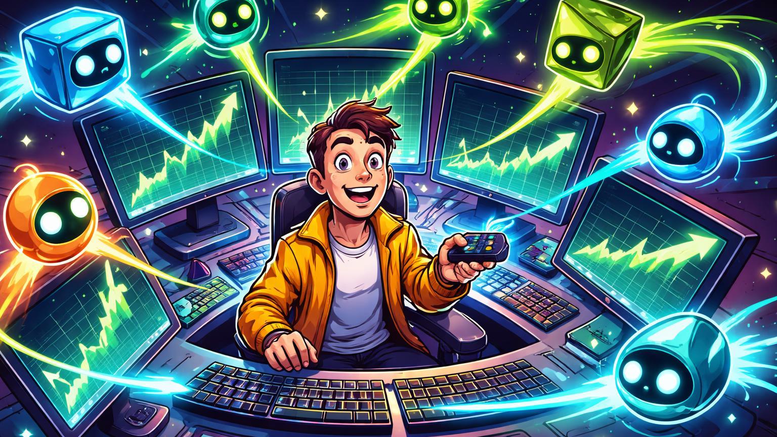 Trader cartoon empolgado auxiliado por sete agentes IA geométricos luminosos em estação de trading, simbolizando ferramentas gratuitas da Binance para automação