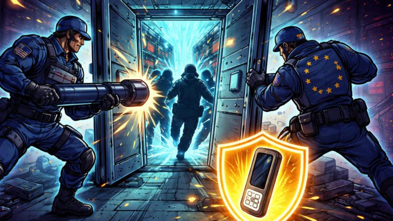 Agentes cartoon internacionais arrombando portas de fortaleza hacker, simbolizando operação FBI-Europol contra LeakBase e proteção de dados cripto