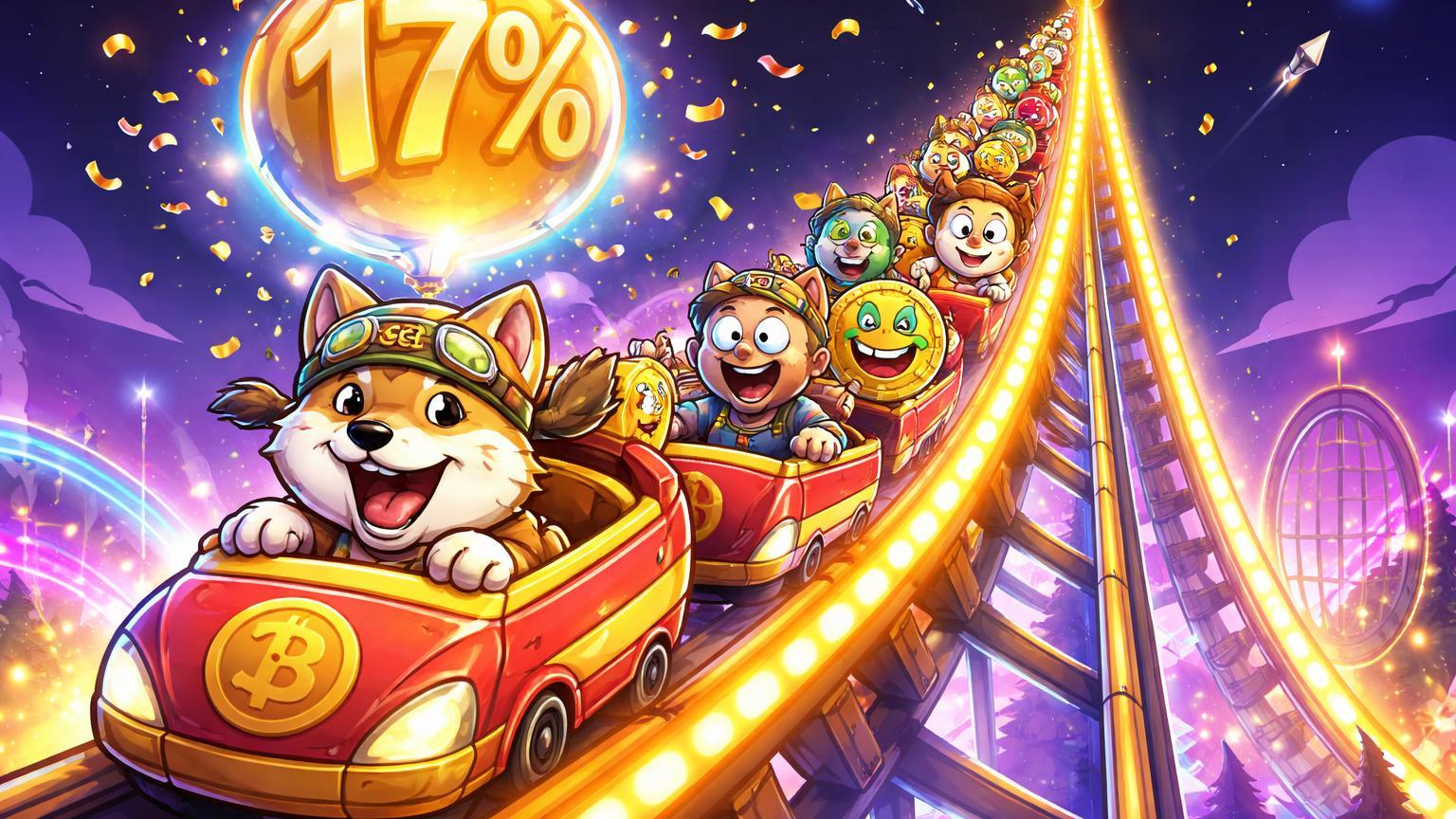 Shiba Inu Dogecoin cartoon pilotando montanha-russa eufórica com "17%" em balão, capturando hype volátil das memecoins