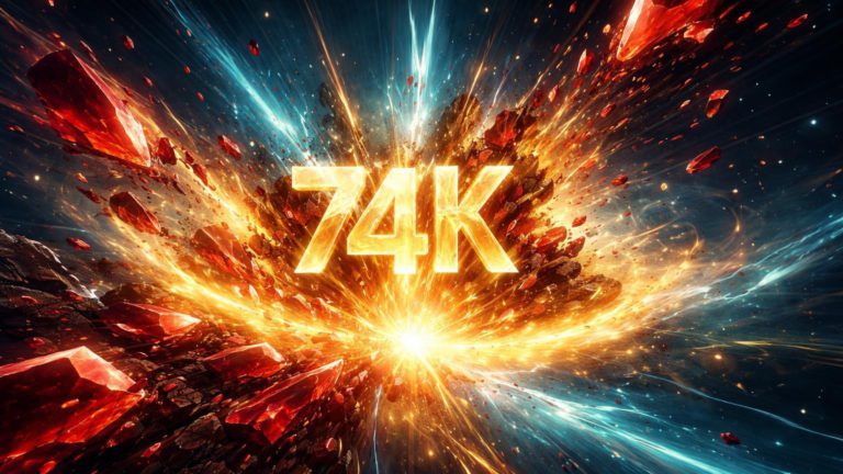 Onda dourada explodindo barreiras vermelhas com 74K no centro, simbolizando liquidações de shorts e alta volátil do Bitcoin