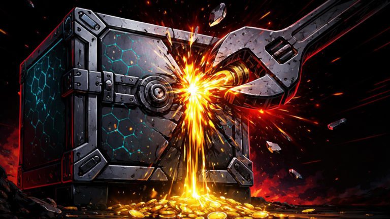Cofre digital rachado por chave inglesa gigante vazando ouro luminoso, simbolizando roubo violento de US$ 24 milhões e alerta de segurança física em cripto