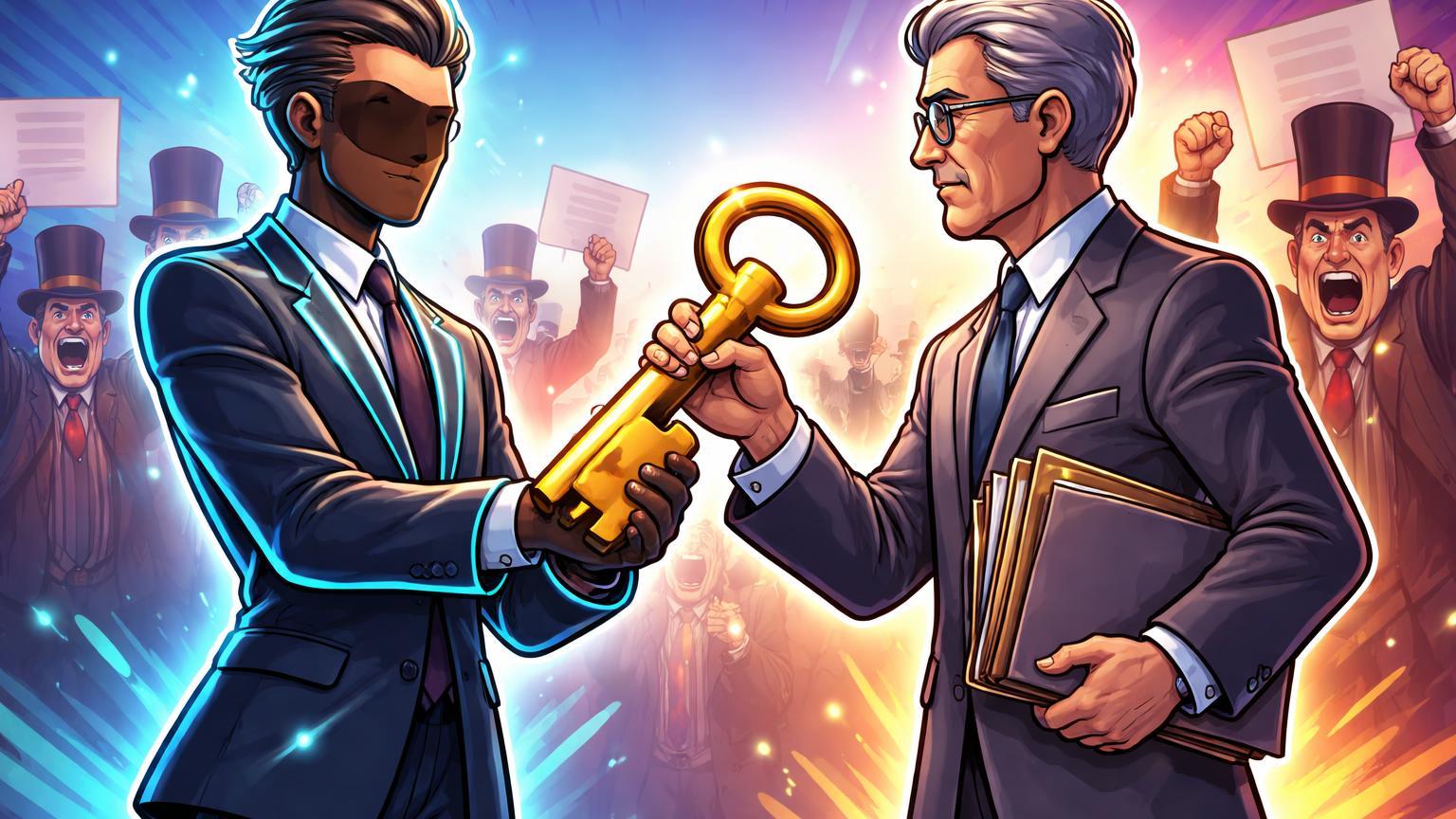 Executivo cripto cartoon recebendo chave dourada do Fed enquanto banqueiros protestam irritados, marcando acesso histórico aos sistemas de pagamento