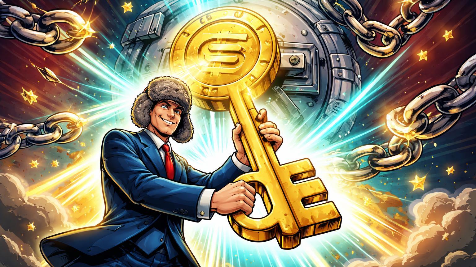 Banqueiro cartoon russo destrancando cofre de stablecoins com chave dourada, quebrando correntes de sanções, simbolizando nova lei russa