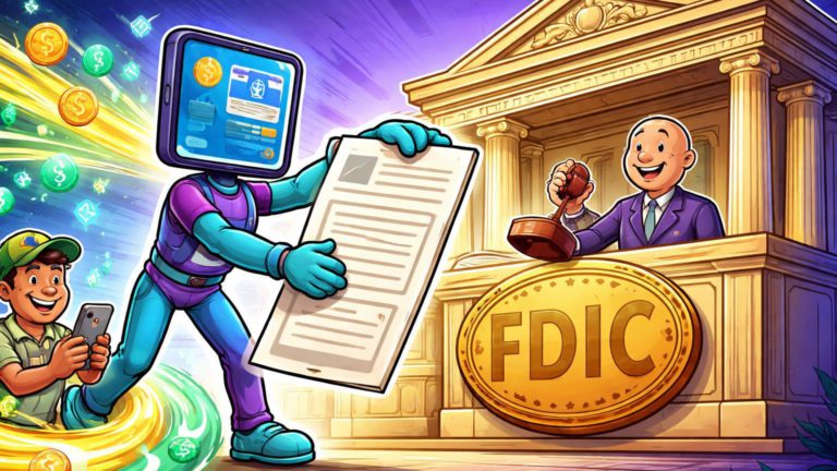 Personagem fintech cartoon entregando pedido de licença bancária a banco EUA com selo FDIC, fluxos de cripto beneficiando usuário brasileiro