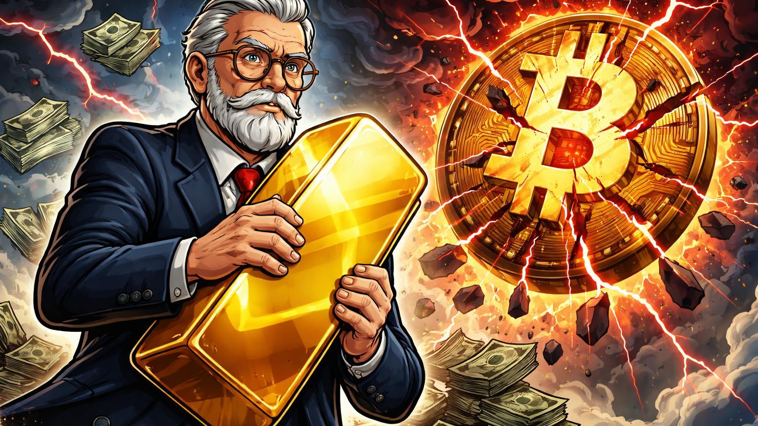 Investidor cartoon cético segurando lingote de ouro como escudo enquanto Bitcoin racha em tempestade de dívida EUA, visão de Ray Dalio