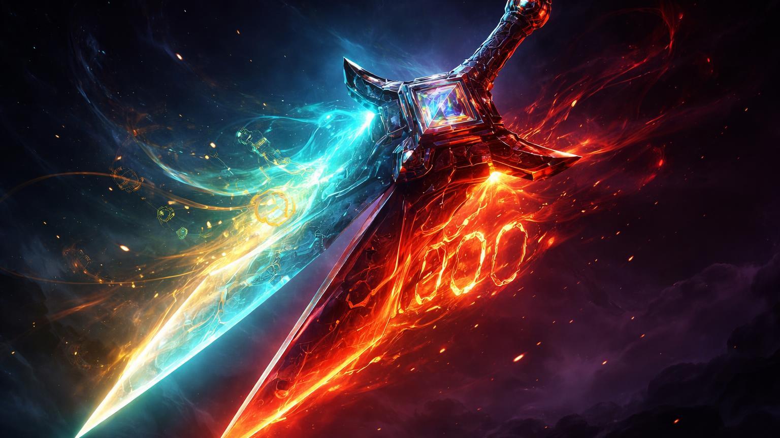 Espada surrealista de dois gumes cyan-dourado e vermelho com '1000' flamejante, simbolizando dualidade da IA em cripto e uso militar