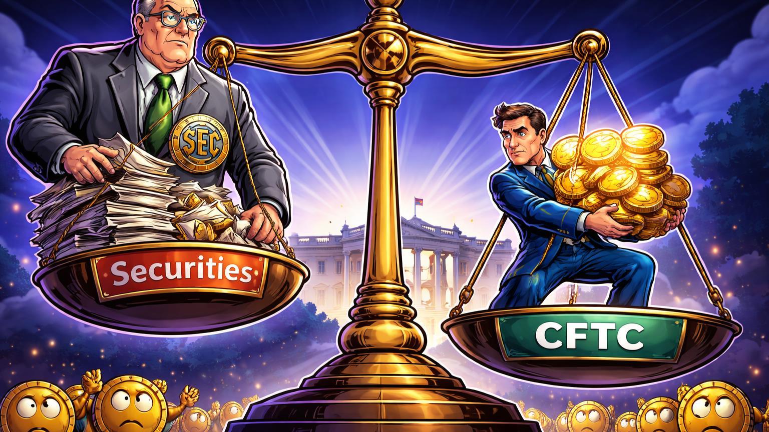 Balança regulatória cartoon com burocrata SEC inclinando tokens para 'securities', CFTC resistindo, sob luz da Casa Branca