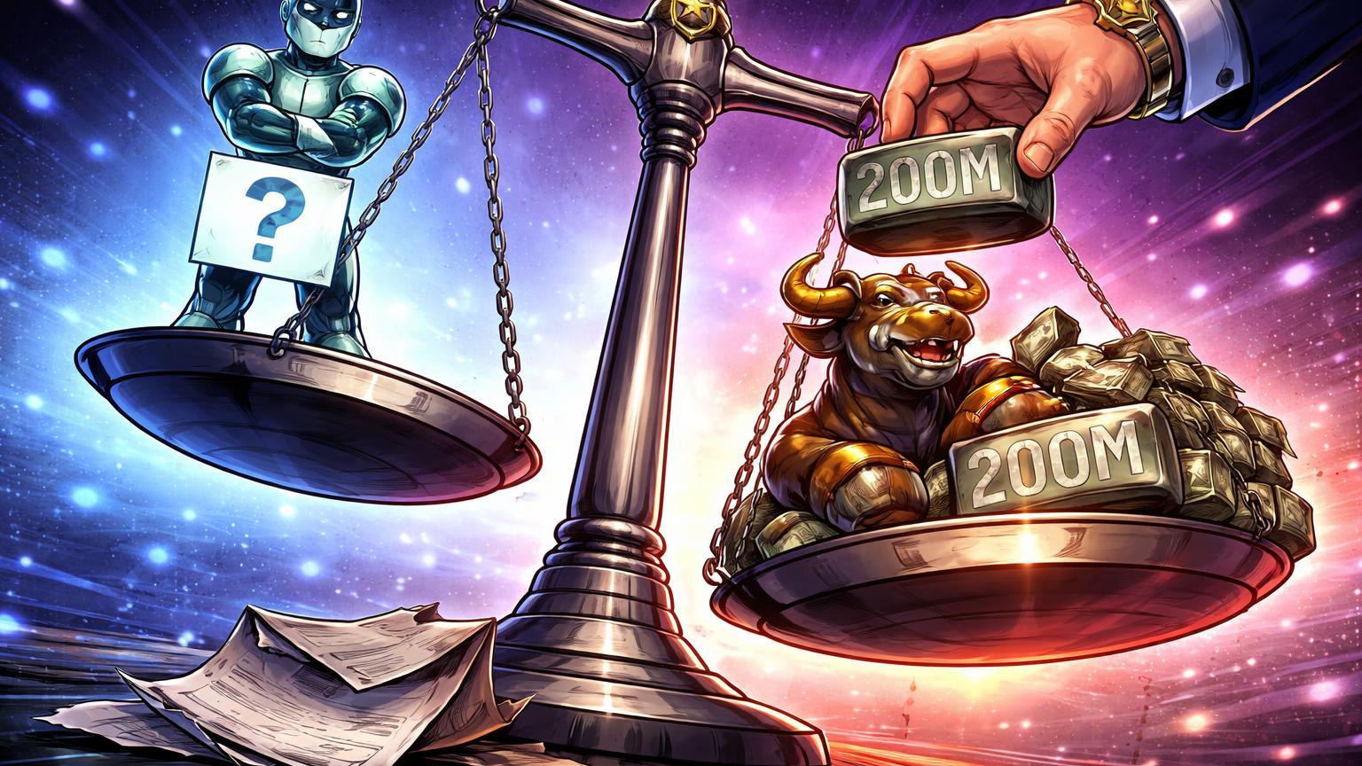 Balança desequilibrada com personagens cartoon de IA, favoritismo político adicionando pesos '200M' ao lado OpenAI, criticando polêmica Anthropic vs Pentágono