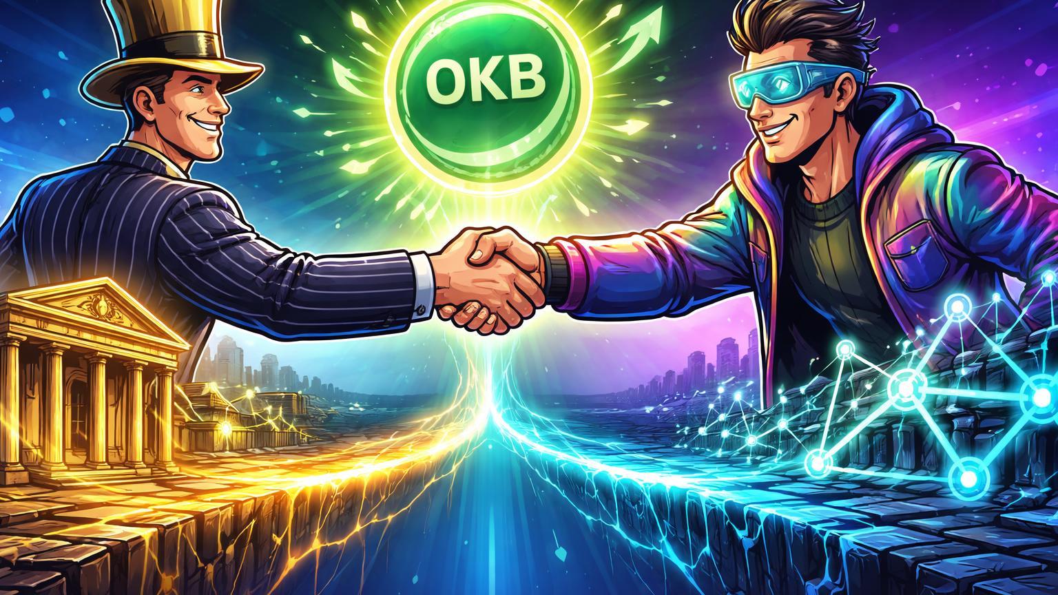 Executivos cartoon de Wall Street e cripto em handshake sobre ponte luminosa com token OKB em alta, simbolizando investimento NYSE na OKX