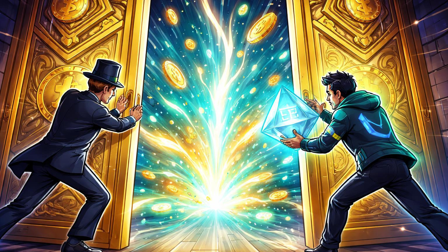 Personagens cartoon banqueiro e tech ETH abrindo portas para fluxo cyan dourado de tokens, simbolizando liberação de tokenização e ETFs em alta nos EUA