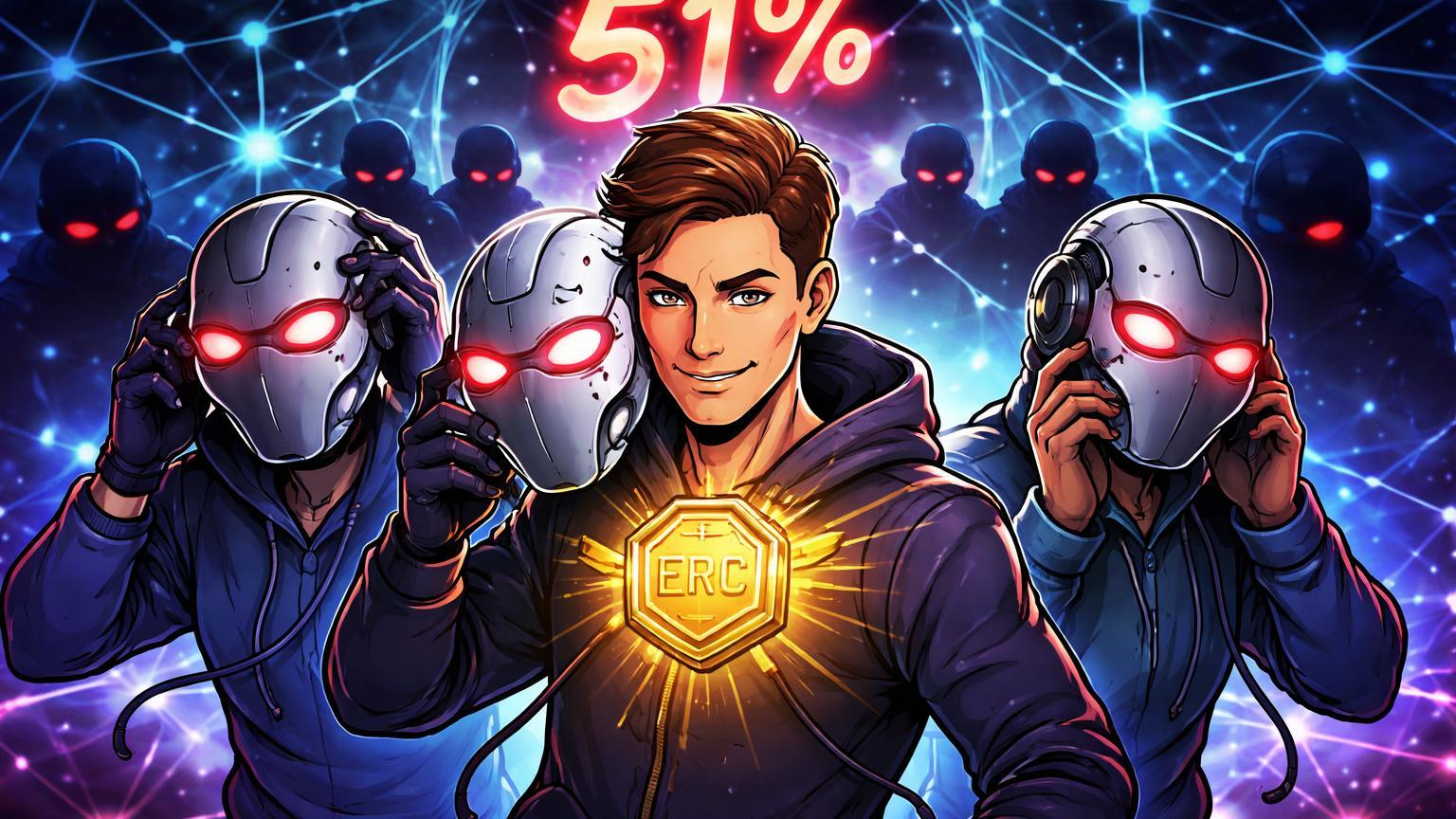 Personagens cartoon com máscaras IA caindo revelando selos blockchain dourados em rede web com 51% IA, simbolizando moderação automatizada e solução cripto
