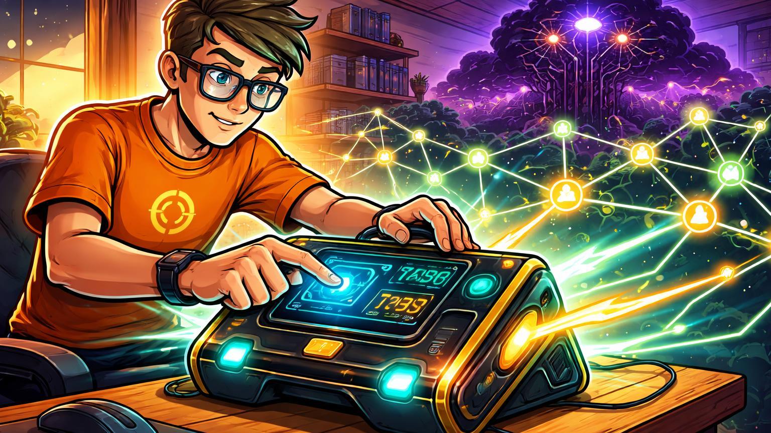 Personagem cartoon minerando Bitcoin com Bitaxe Turbo Touch em casa, tela touch ativa e rede glowing, contrastando ameaça quântica distante