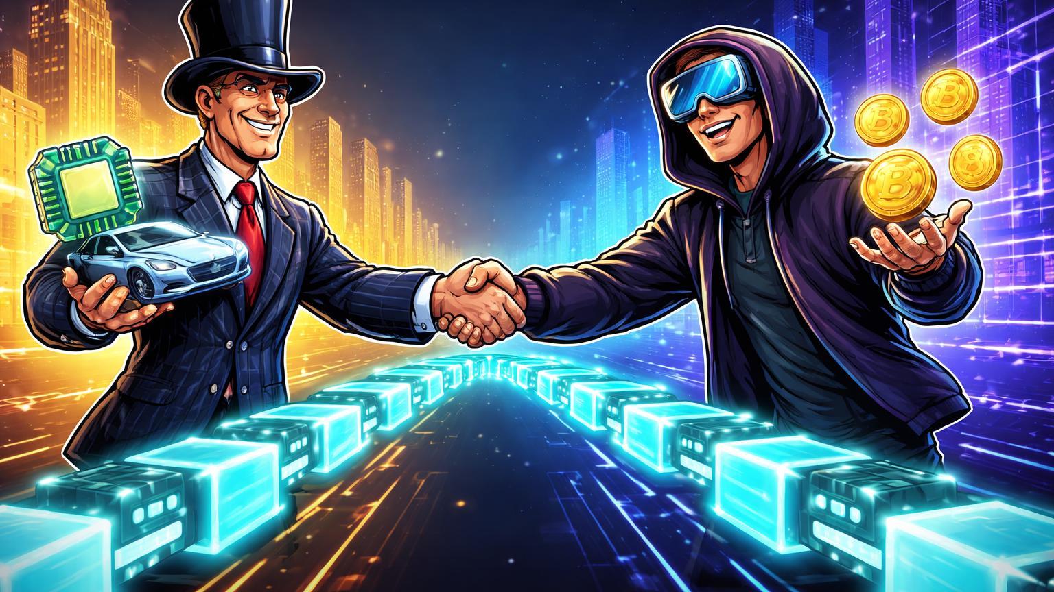 Executivos cartoon conectando Wall Street a blockchain via ponte luminosa, simbolizando tokenização 24/5 de ações NVIDIA e Tesla pela Kraken