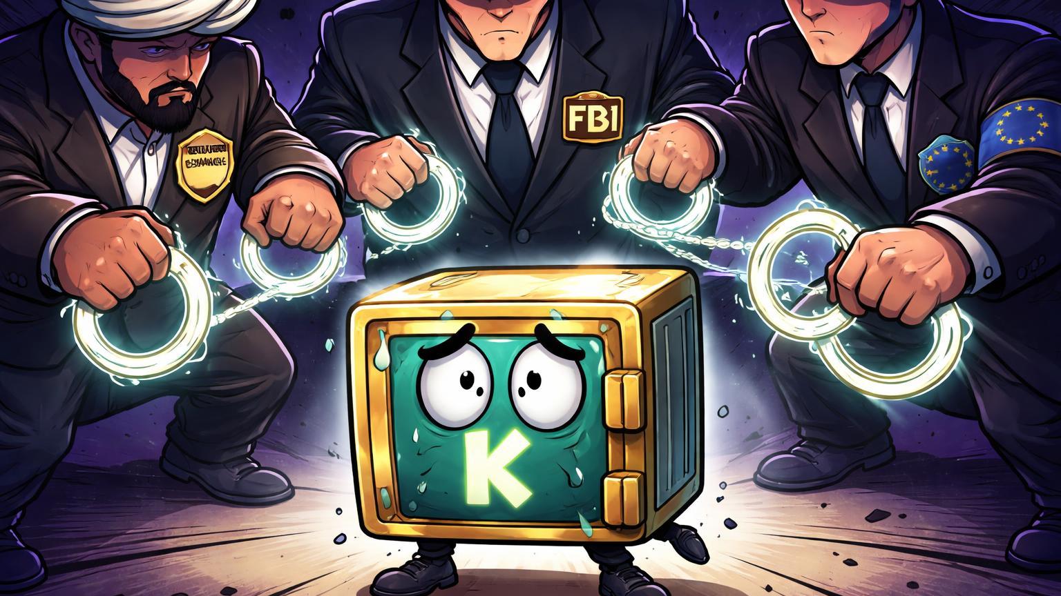 Reguladores cartoon cercando cofre exchange estilizado, simbolizando cerco regulatório global contra KuCoin e irregularidades cripto