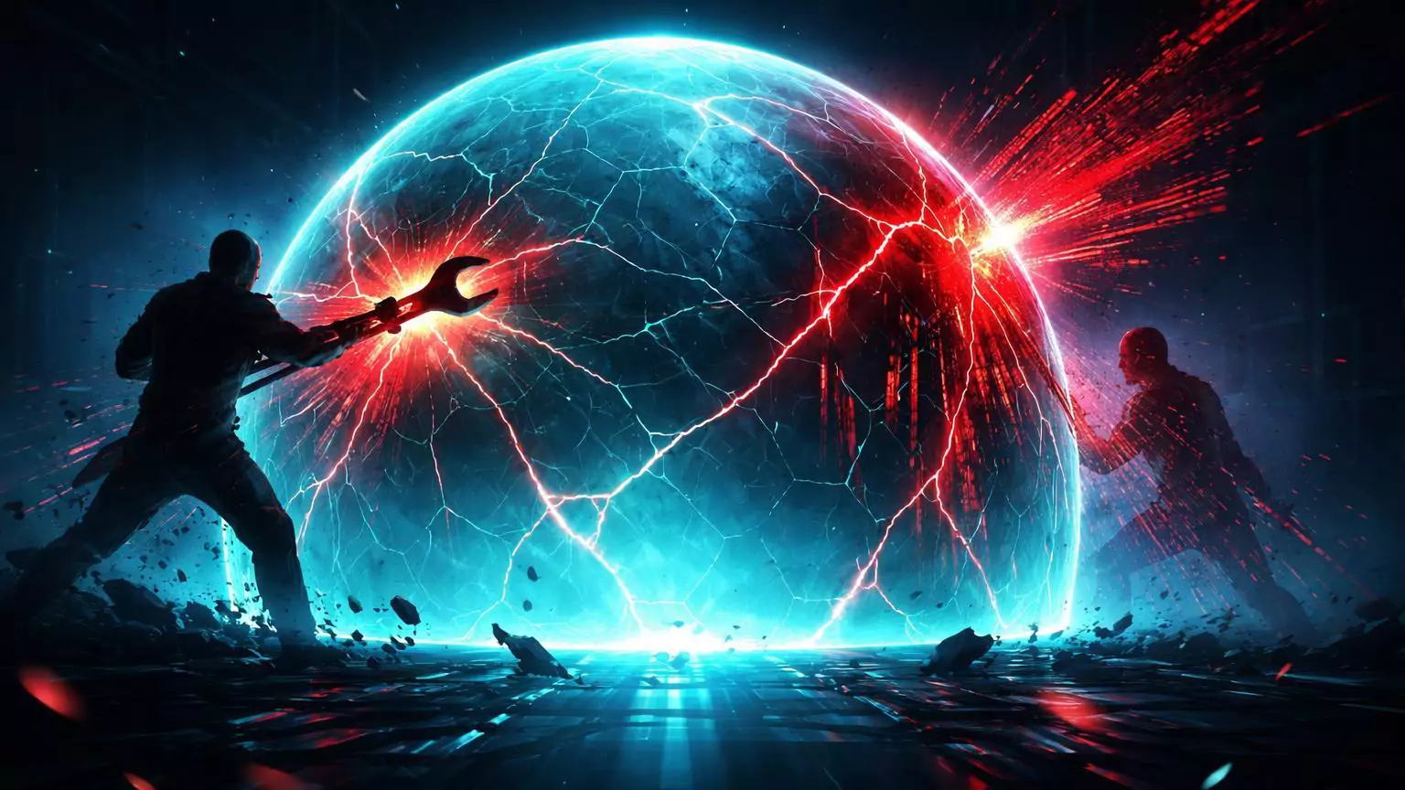 Cúpula de segurança cyan rachando por ataques físico com wrench e cibernético hacker, ilustrando crise de segurança cripto